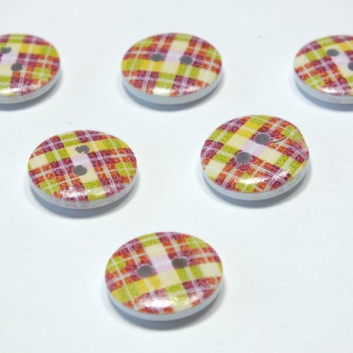 Lot 6 boutons bois : rond motif écossais 15mm (24)