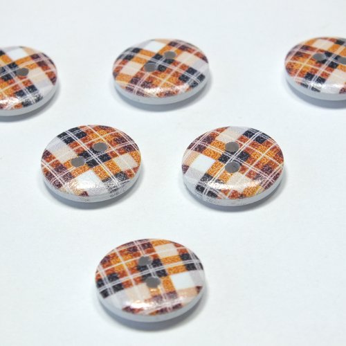 Lot 6 boutons bois : rond motif écossais 15mm (25)