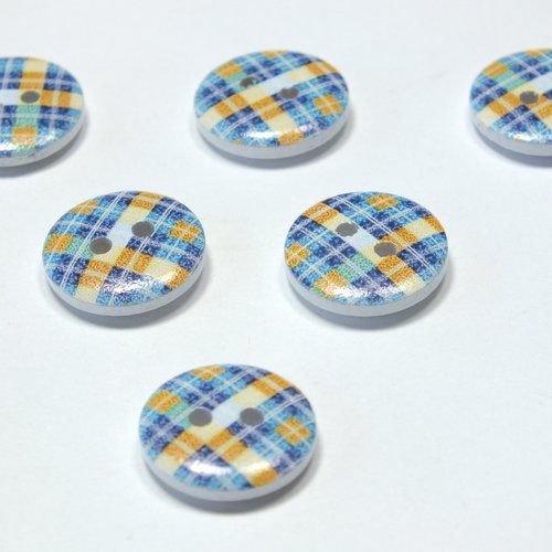 Lot 6 boutons bois : rond motif écossais 15mm (26)