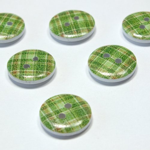 Lot 6 boutons bois : rond motif écossais 15mm (27)