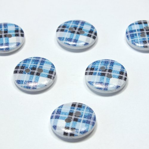 Lot 6 boutons bois : rond motif écossais 15mm (28)