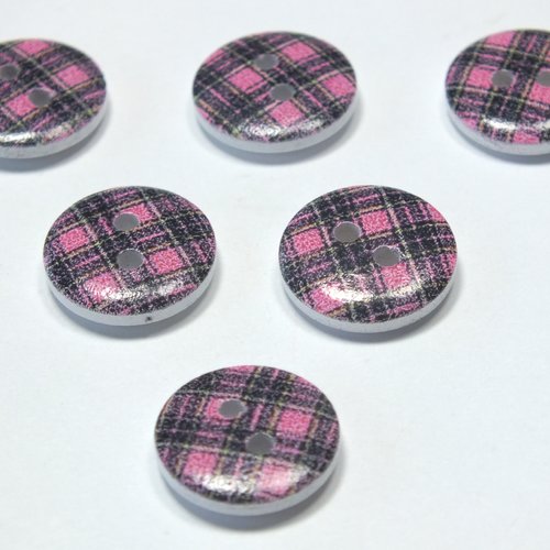 Lot 6 boutons bois : rond motif écossais 15mm (29)