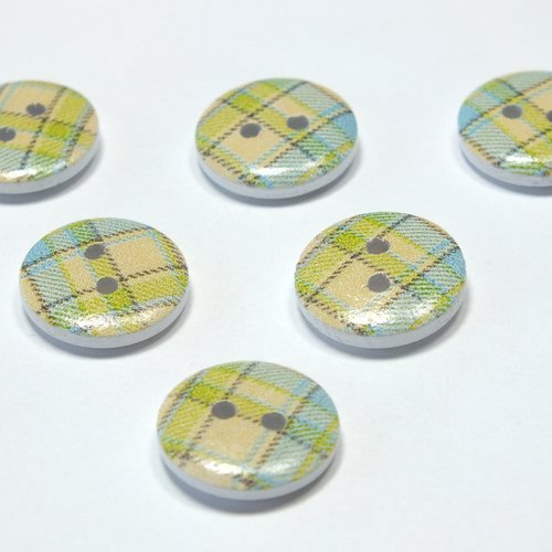 Lot 6 boutons bois : rond motif écossais 15mm (30)