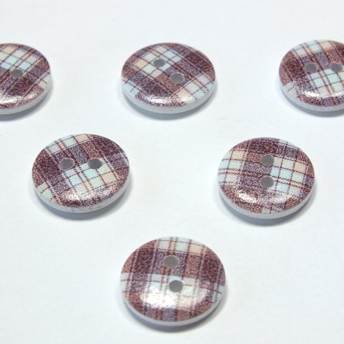 Lot 6 boutons bois : rond motif écossais 15mm (31)