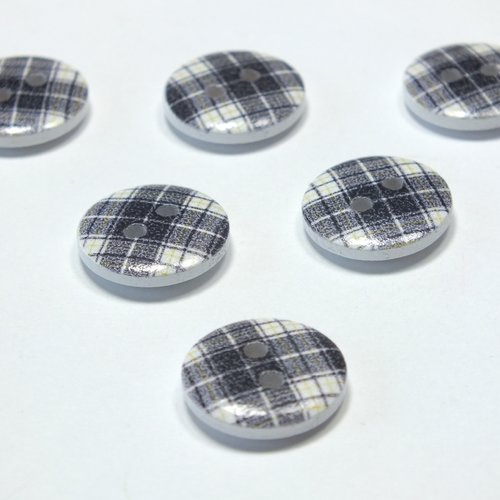 Lot 6 boutons bois : rond motif écossais 15mm (32)
