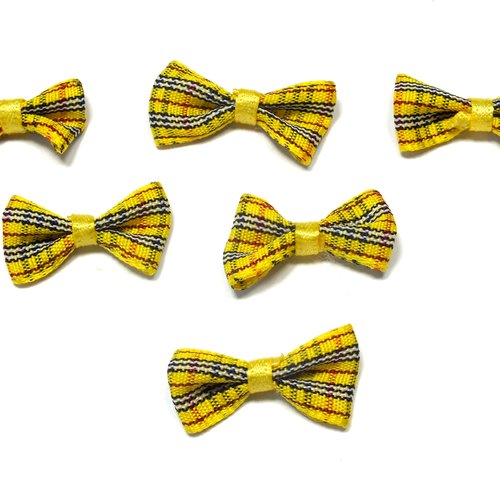 Lot 6 appliques tissu polyester : noeud papillon jaune motif écossais 2.5*1.5cm (01)