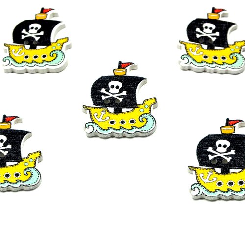 Lot 5 boutons bois : pirate voilier 32*26mm (01)