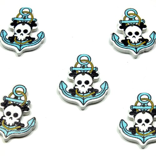 Lot 5 boutons bois : pirate ancre bleue 26*21mm