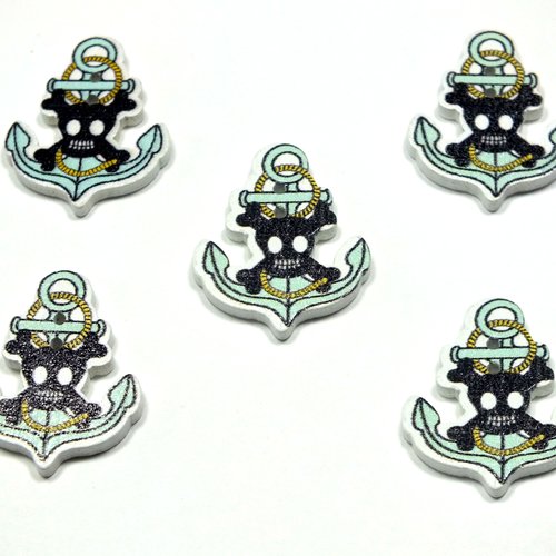 Lot 5 boutons bois : pirate ancre verte 26*21mm