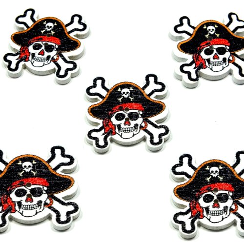 Lot 5 boutons bois : pirate 24*23mm (01)