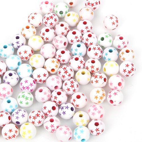 Lot 25 perles acryliques : rondes blanches motif etoile multicolore 8mm (01)