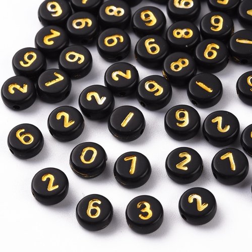 Perles acryliques : 100 rondes noires avec chiffres dorés 7mm