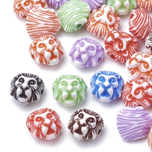 Lot 70 perles acryliques: lion multicolore 11mm (01)