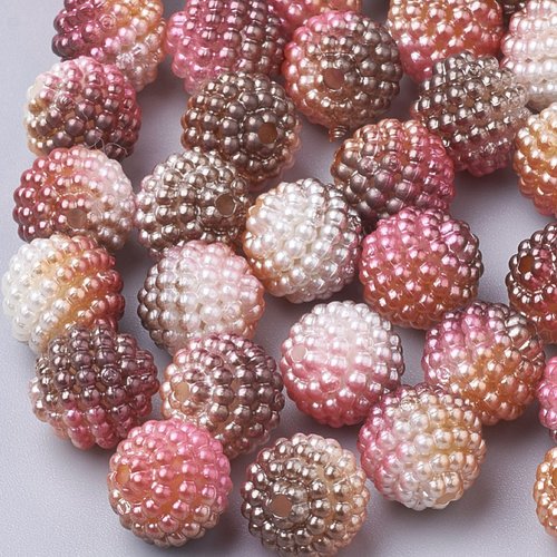 Lot 20 perles acryliques : boules micro-perles marron/rose/ecrue 10mm