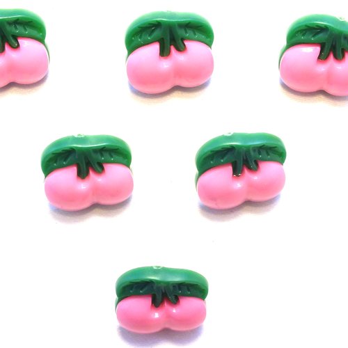 Lot 6 boutons acryliques : cerise rose clair/verte 12mm (03)