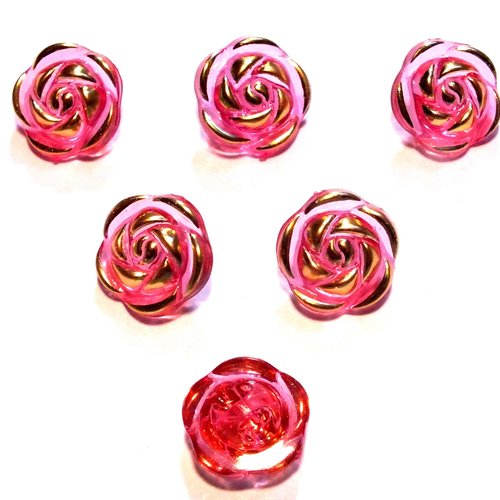 Lot 6 boutons acryliques : forme rose transparente rose et doré 13mm (01)