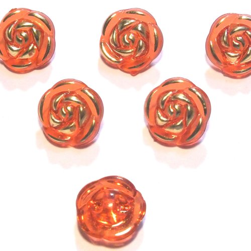 Lot 6 boutons acryliques : forme rose transparente rouge et doré 13mm (01)