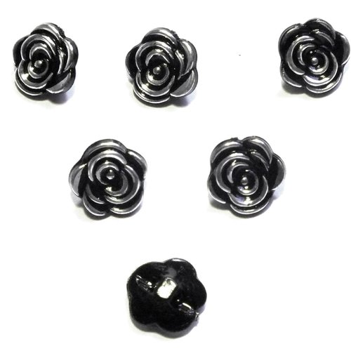Lot 6 boutons acryliques : forme rose transparente noir et argenté 13mm (01)