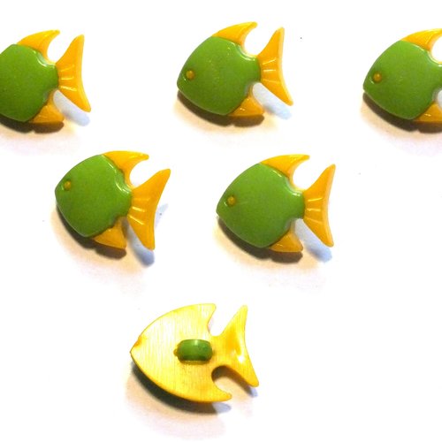 Lot 6 boutons acryliques : poisson vert/jaune 17*14mm (01)