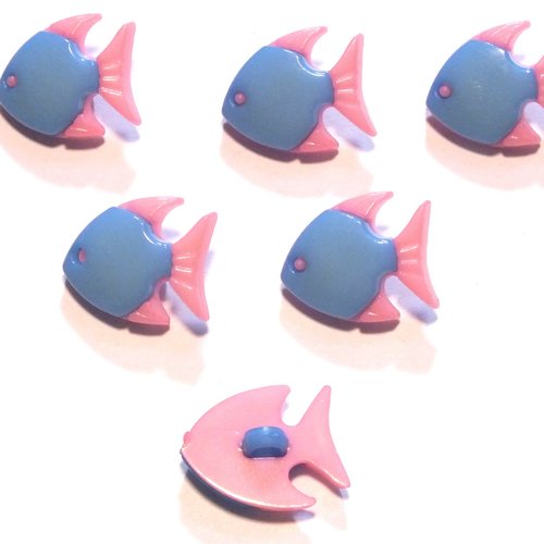 Lot 6 boutons acryliques : poisson bleu/rose 17*14mm (01)