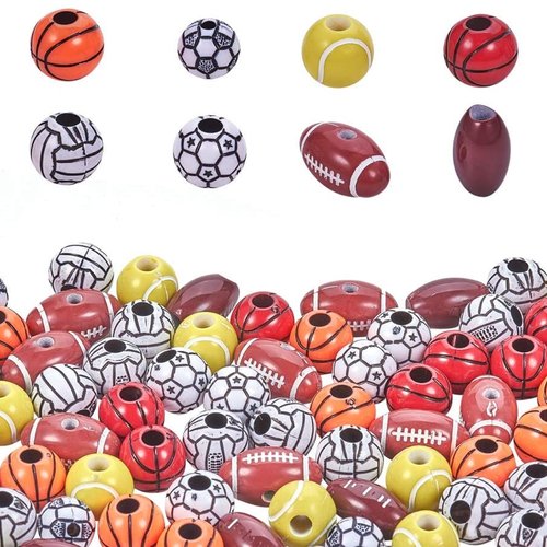 Lot 40 perles acryliques :  rondes motif ballon 17 à 10mm