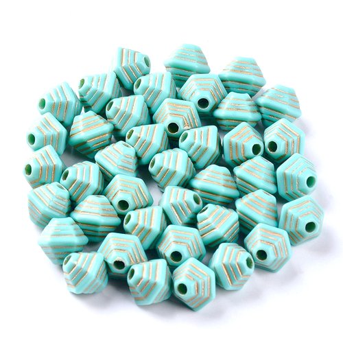 Lot 50 perles acryliques : toupie turquoise/dorée 9*9mm