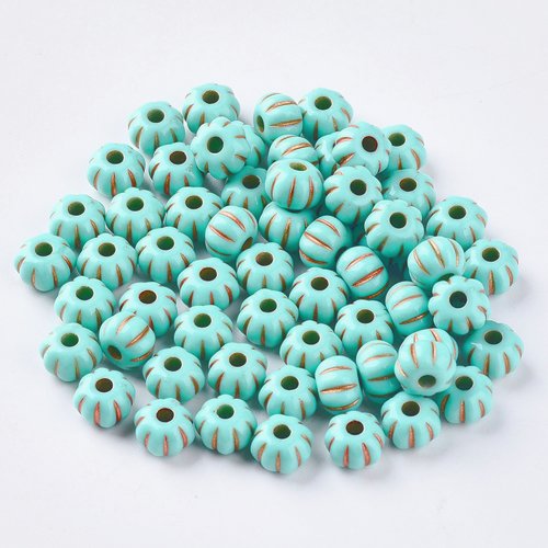 Lot 50 perles acryliques : citrouille turquoise/dorée 7*5mm