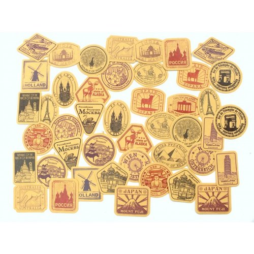 Lot de 45 stickers : illustrations symboles monuments  vintage pays  30 à 40 mm