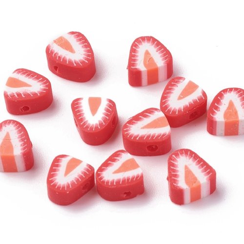Lot 50 perles argile polymère : fraise rouge/blanche 10*9mm (01)