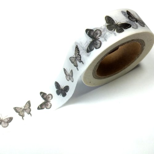 Ruban washi 15mm x 10 m motif papillon noir et blanc (02)