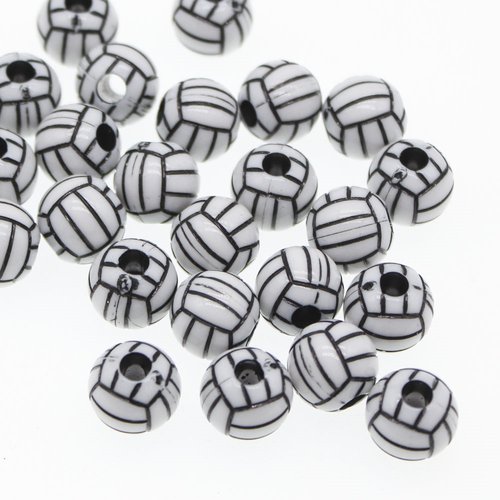 Lot 15 perles acryliques : rondes fantaisies blanches/noires 12mm (04)