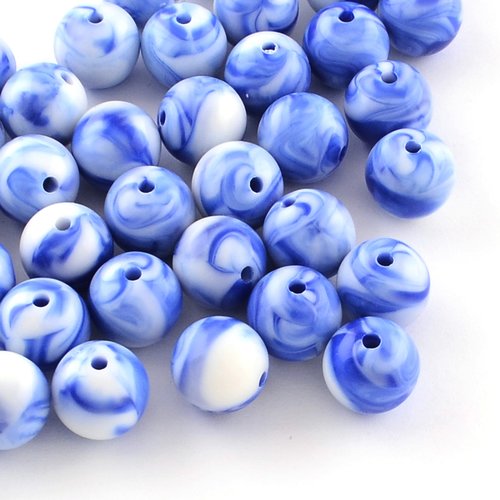 Lot 50 perles acryliques : rondes marbrées bleu/blanche 9.5mm (01)