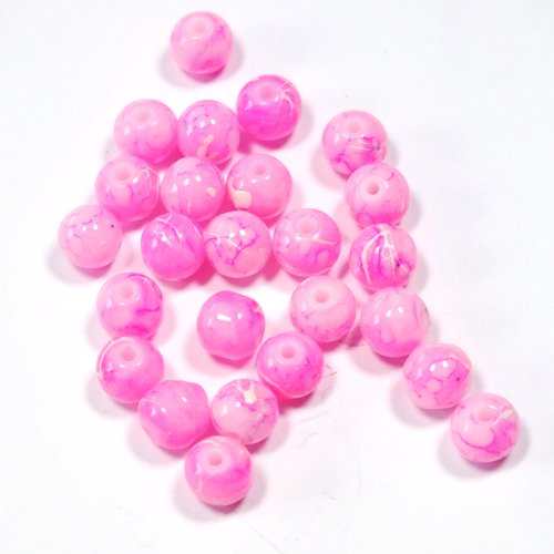 Lot 25 perles verres : rondes marbrées rose/blanc 6mm (10)