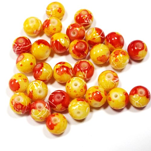 Lot 30 perles verres : ronde marbrées  jaune/rouge 8mm (11)