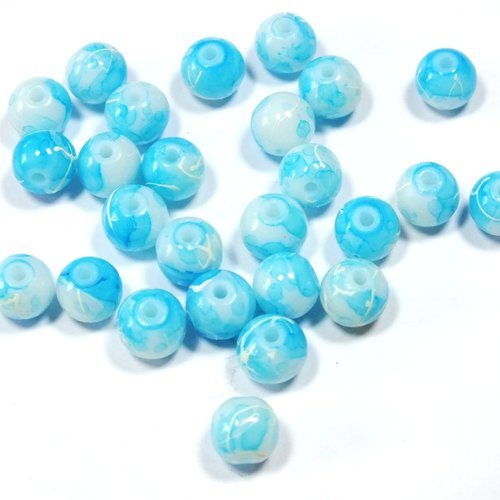 Lot 25 perles verres : rondes marbrées bleu/blanc 6mm (09)