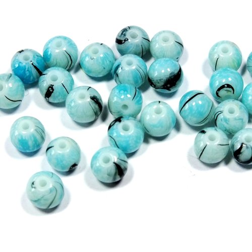 Lot 25 perles verres : ronde marbrées bleu/noir/blanc 6mm (12)