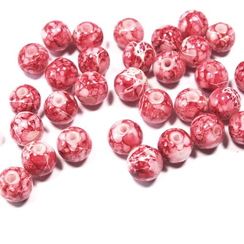 Lot 30 perles verres : ronde marbrées rouge/blanc 8mm (17)