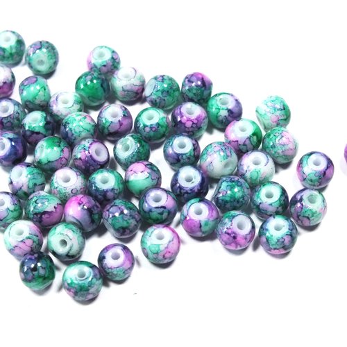 Lot 25 perles verres : rondes marbrées vert/violet 6mm (16)