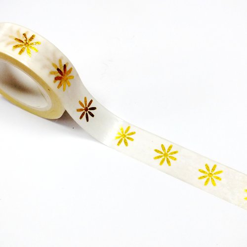 Ruban washi 15mm x 10 mètres blanc motif fleur dorée