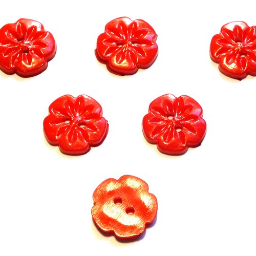 Lot 6 boutons acryliques : fleur rouge 15mm (01)