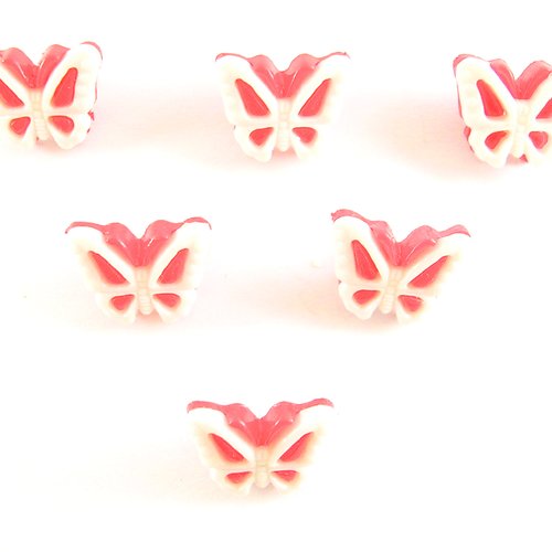 Lot 6 boutons acryliques : papillon rouge/blanc 14*12mm (01)