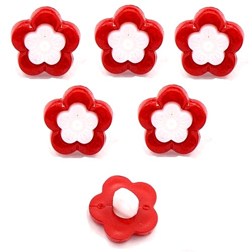 Lot 6 boutons acryliques : fleur rouge/blanche 14mm