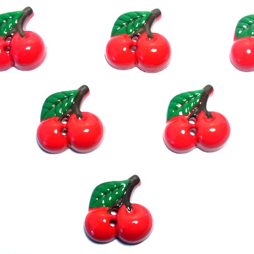Lot 6 boutons acryliques : cerise rouge/verte 17*17mm (02)