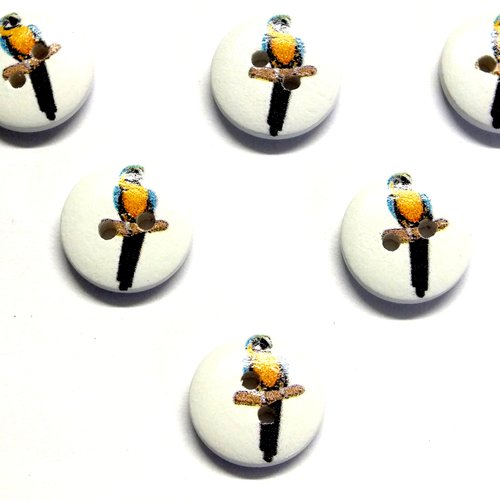 Lot 6 boutons bois : rond motif oiseau 15mm (02)