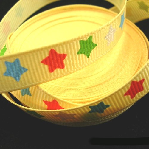 Ruban polyester : jaune motif etoile 10mm longueur 100cm (05)