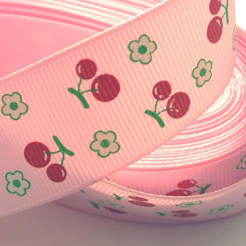 Ruban polyester : rose motif cerise  largeur 25mm longueur 100cm (02)