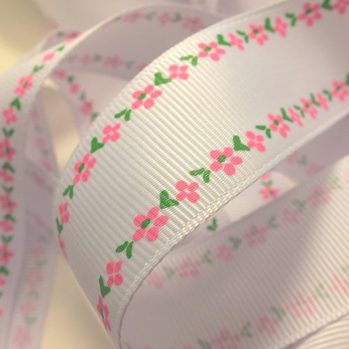 Ruban polyester : blanc motif fleur largeur 26mm longueur 100cm (09)