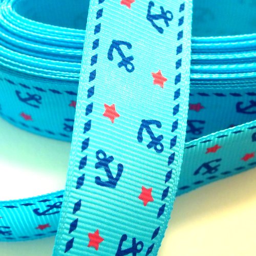 Ruban polyester : bleu motif ancre marine  largeur 25mm  longueur 100cm
