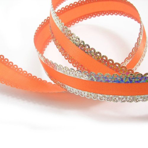 Ruban polyester : orange et métal argenté largeur 15mm longueur 100cm