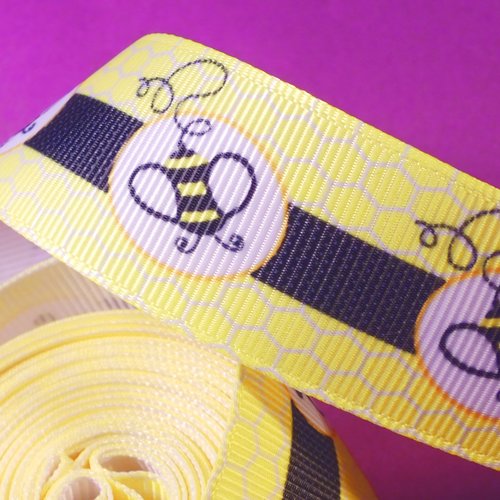 Ruban polyester : jaune/noir motif abeille largeur 25mm longueur 100cm (05)
